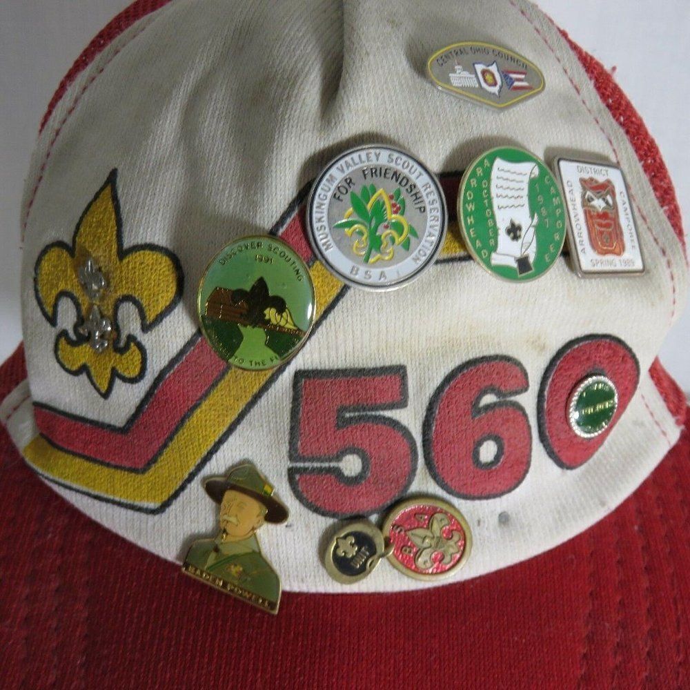 Vintage 80s Red Snapback Boy Scouts Hats Pins Central Ohio Arrowhead